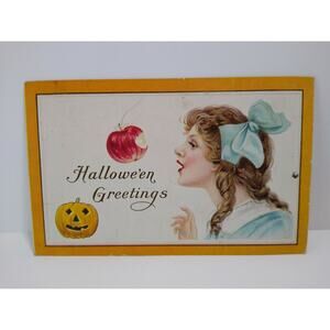 Halloween Postcard Blue Ribbon Women Apple Vintage Stecher Original Nappanee IND